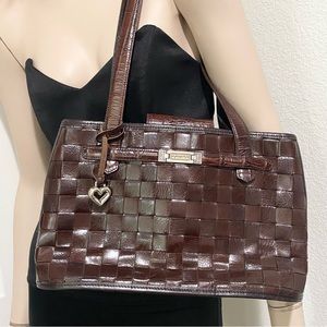 Vintage BRIGHTON Mahogany Brown Leather Woven Double Handle Strap Shoulder Bag